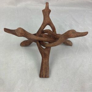 Vtg MCM Hand Carved Wood Display Tripod Bowl Plant Stand w/ Animal Faces & Feet